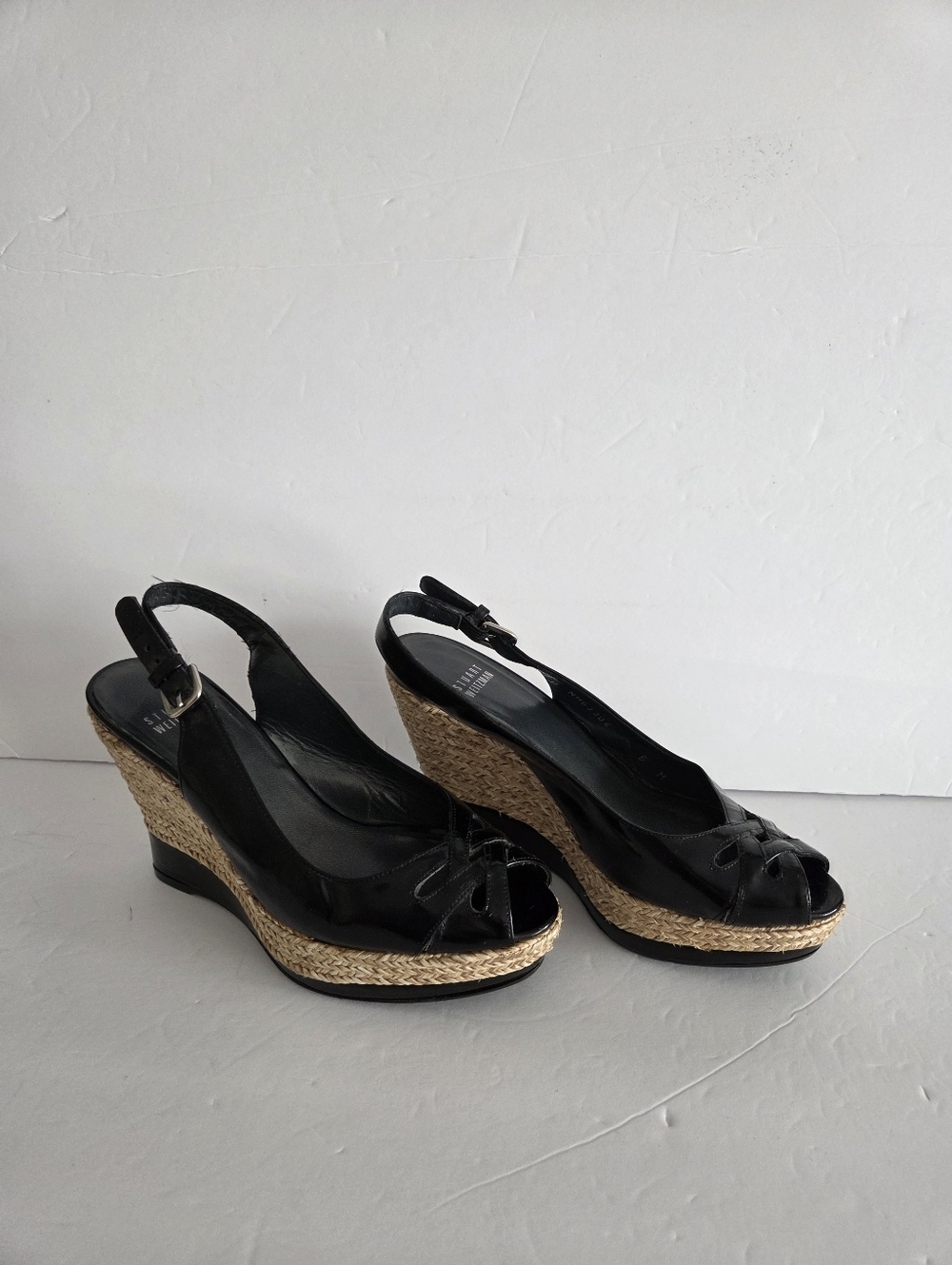 Stuart Weitzman Black Leather Espadrille Wedge Slingbacks Sz.6M